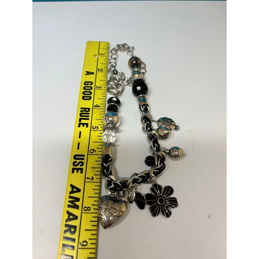 Chunky Silver Black Woven‎ Chain Charm Choker Necklace Heart Flower Y2K Grunge